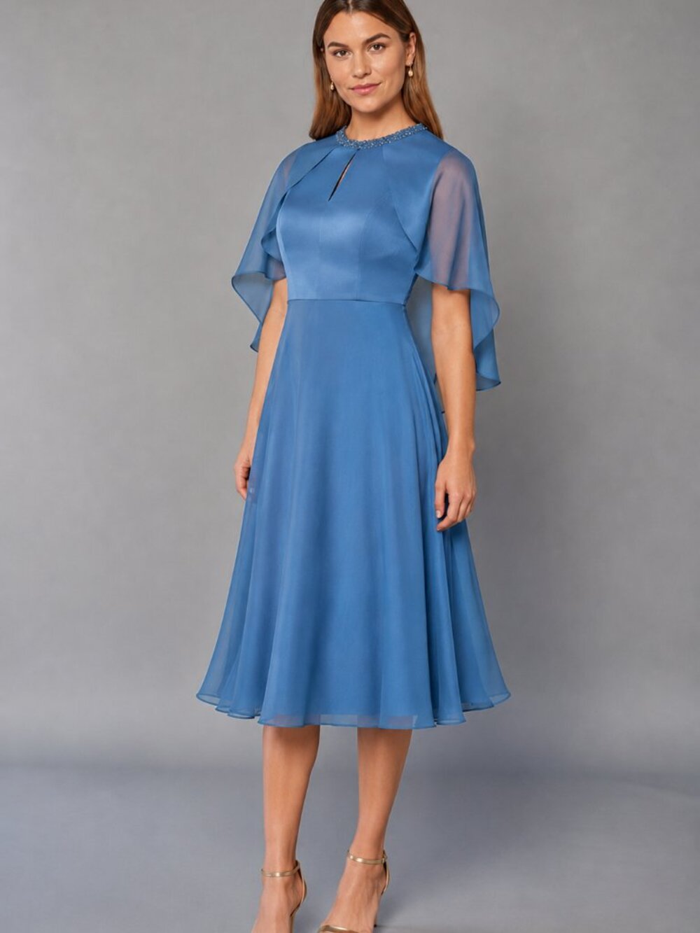 Jade Couture Tea Length Blue Chiffon Mother's Formal Dress Aline Cape Sleeve